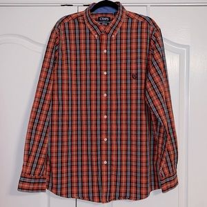 CHAPS Plaid Long Sleeve Easy Care Button Down Shirt Orange, Navy Blue, White